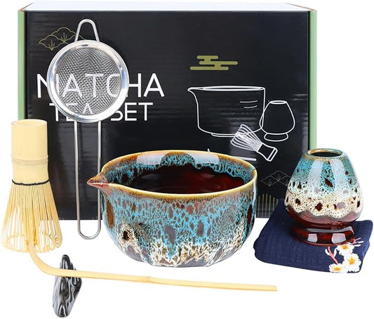 7-Pcs Matcha Whisk Set, Ceramic Matcha Set, Includes Matcha Bowl, Matcha Whisk, Chasen Holder, Bamboo Scoop, Scoop Rest, Stainless Sifter, Tea Towel