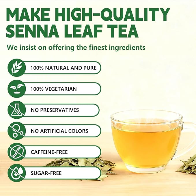 Organic Senna Tea Bags, 50 Teabags, 3g/Bag, Made with 100% Natural Senna Leaves. Helps with Relieve Constipation and Digestion, Caffeine-Free