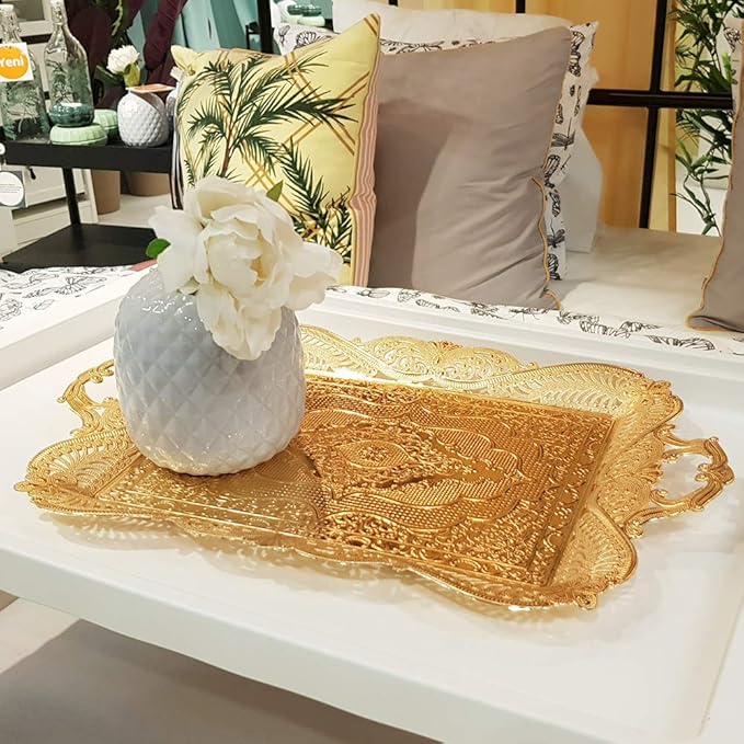 Gold Turkish Coffee Tea Serving Tray Table Home Decor Decorative Handle - Gold Vintage Brass Fancy Rectangle Style Traditional Rustic Bar Outdoor