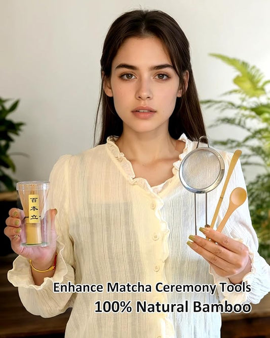 Matcha Whisk Set, 4 Piece Matcha Making Kit Includes Bamboo Whisk (Chasen), Spoon (Chashaku), Stainless Steel Sifter, Teaspoon