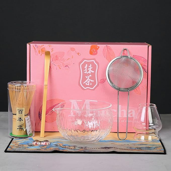 7 Pcs glass matcha whisk set, Matcha Set ， Matcha Bowl, 1 Matcha Whisk 1 Scoop Holder, transparent Matcha Kit(white)