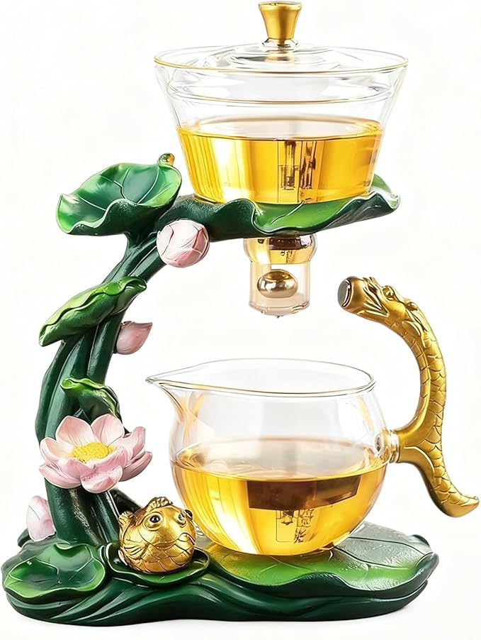Lazy Kungfu Glass Tea Set Heat Resistant Semi Automatic Drip Rotating with Infuser Magnetic Teapot S