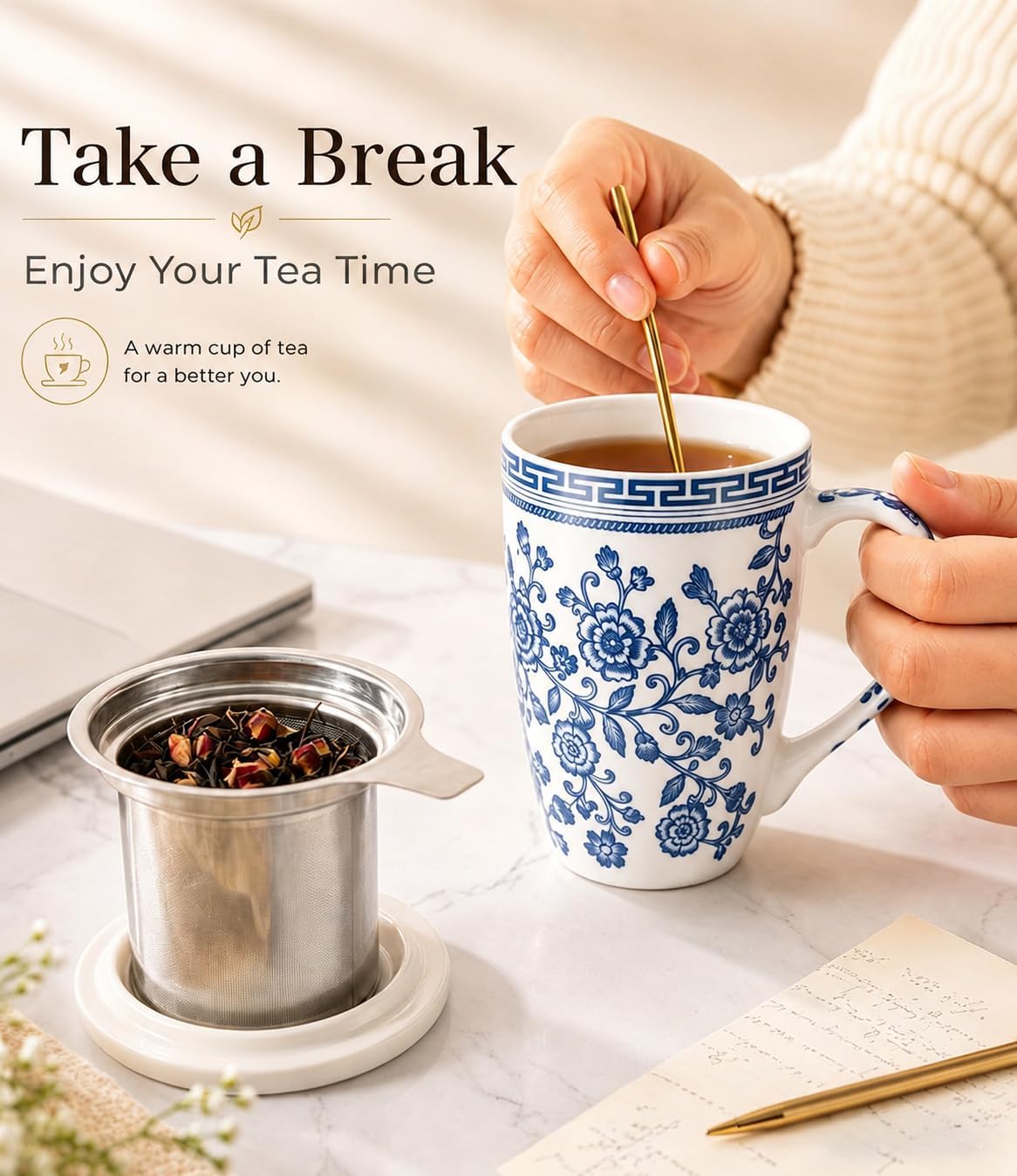 AmorArc Tea Cup With Infuser and Lid, 18oz Loose Leaf Tea Mug With Steeper