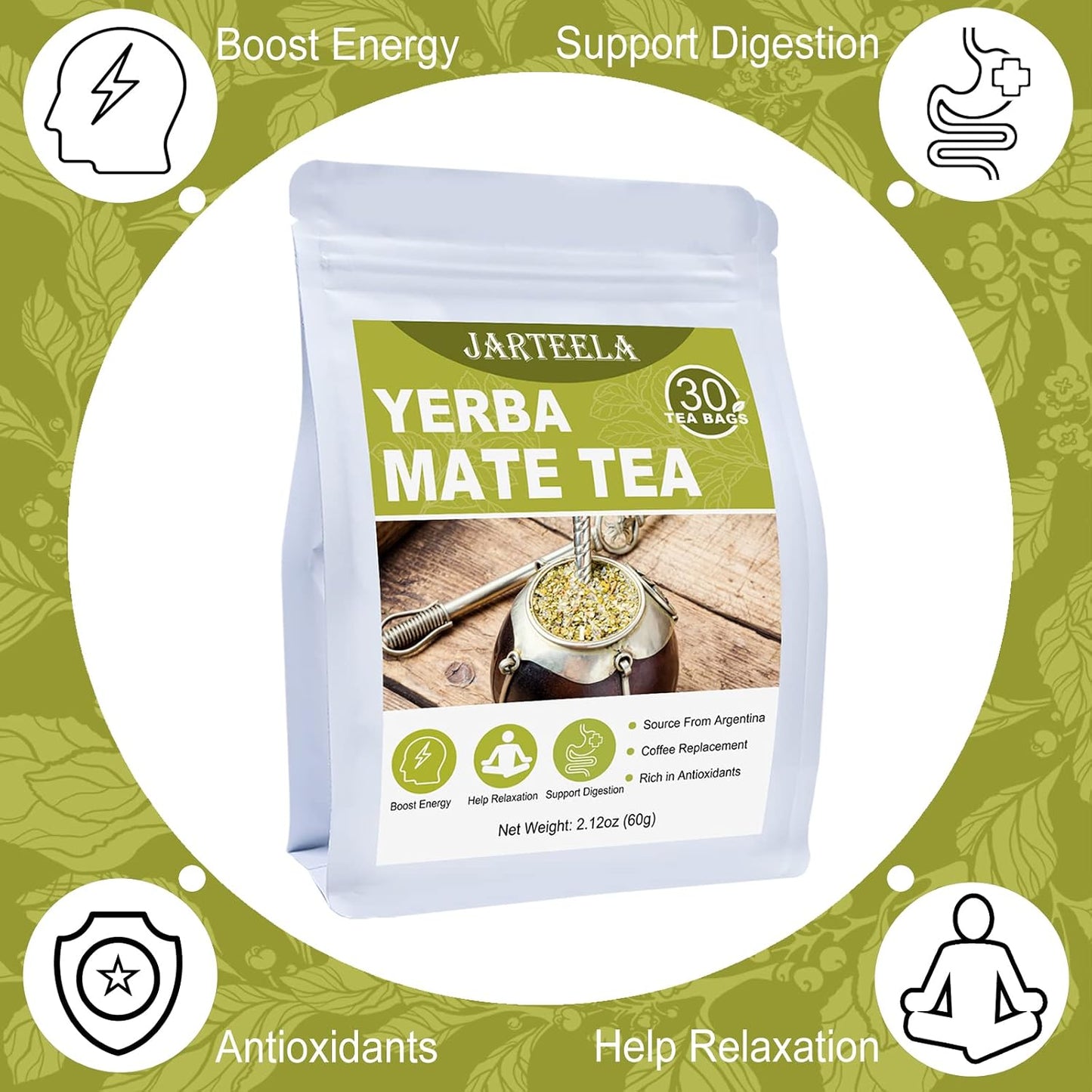 Jarteela - Yerba Mate Tea Bags, 30 Count, Unsmoked Mate Tea | Premium unsmoked Yerba Mate from Argentina, naturally rich in antioxidants, Non-GMO, Smooth, perfect as a coffee alternative