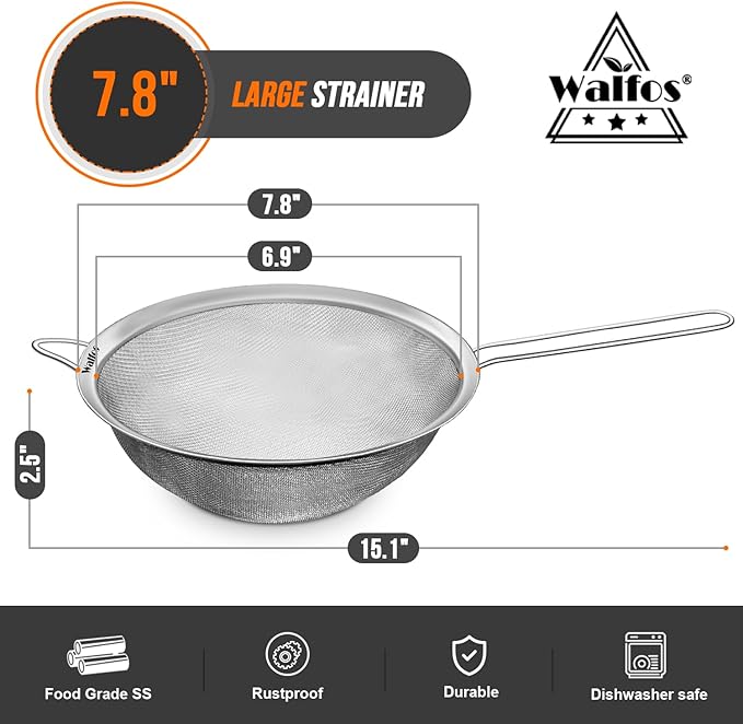 Walfos 7.8 Inch Fine Mesh Strainer, Premium Stainless Steel Colanders and Sifters, with Reinforced Frame and Sturdy Handle, Perfect for Sift, Strain