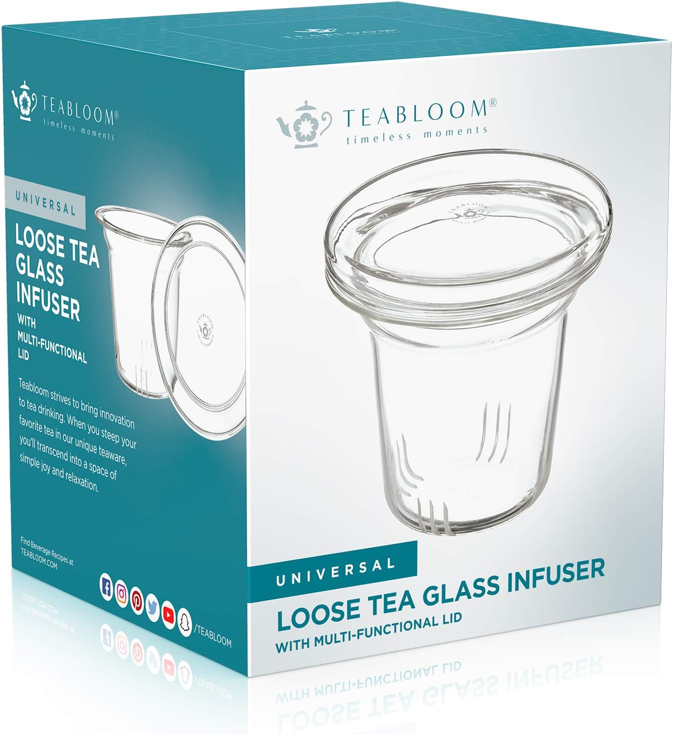 Teabloom Universal Glass Tea Infuser with Dual-Purpose Lid/Coaster – Hygienic, Non-Toxic Glass Filter for Loose Tea Leaves – Lead-Free & Cadmium-Free – Tea Purist's Choice
