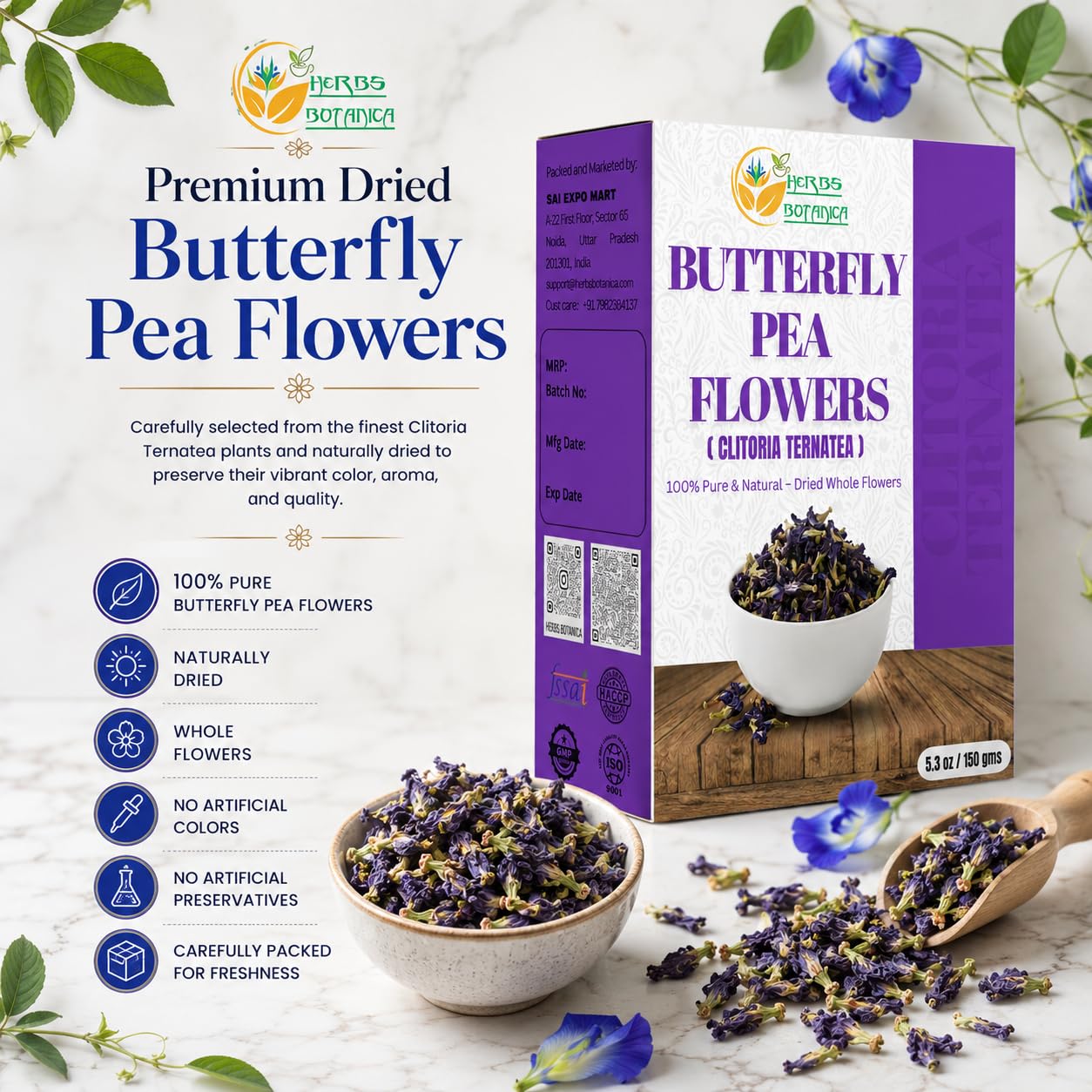 Herbs Botanica Dried Butterfly Pea Flowers – 5.3 oz (150g) – Natural Blue Food Coloring for Tea, Lattes, Cocktails &amp; Baking – Whole Blue Pea Flower (Clitoria Ternatea) – Caffeine Free, Non-GMO &amp; Vegan