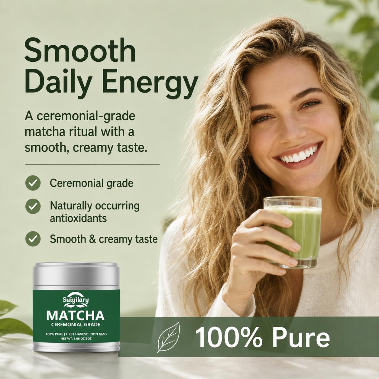 Suiyilary Ceremonial Grade Matcha Powder, Premium First Harvest Green Tea Powder – 100% Pure Matcha Tea, Vegan, Gluten-Free, Sugar-Free with No Additives (30g/1.06oz)