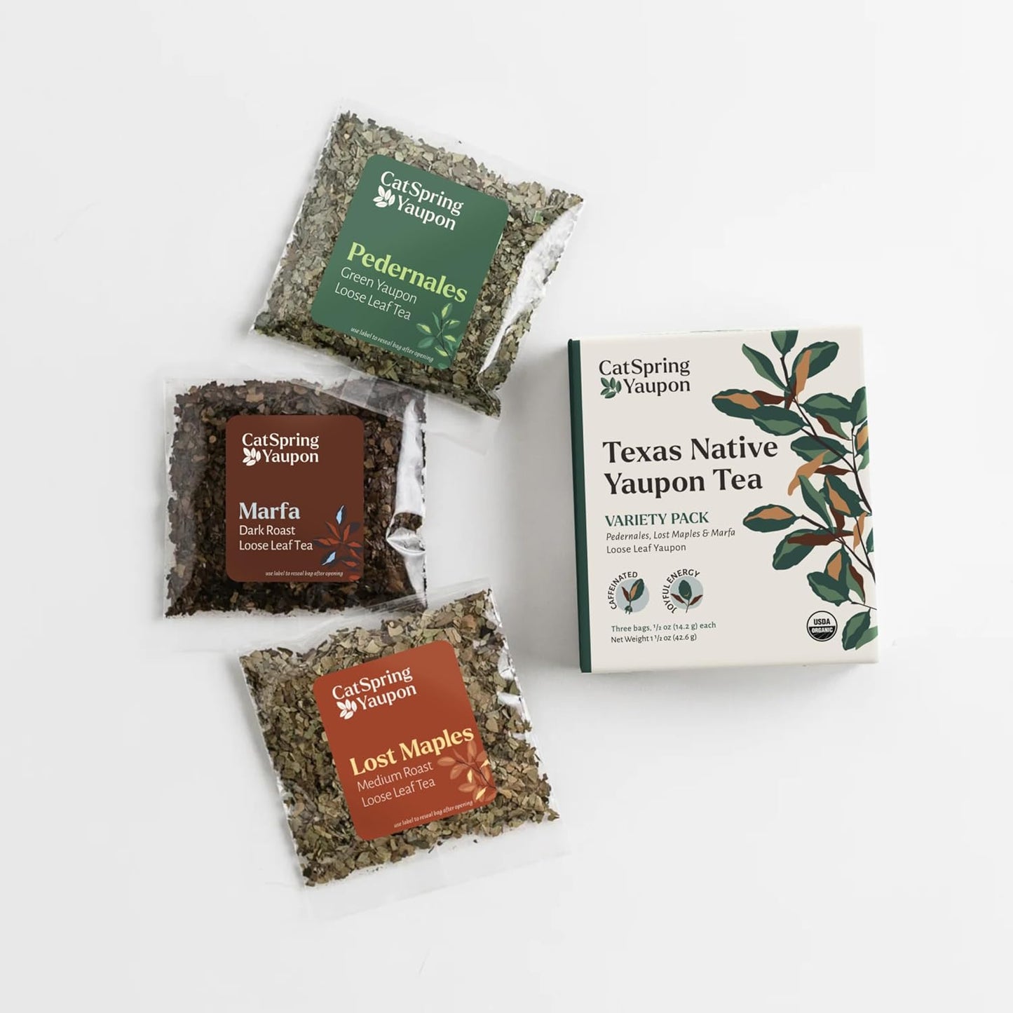 CatSpring Yaupon Tea Variety Pack, 1.5 oz Loose Leaf of Each, Green, Dark, and Medium Roast, Naturally Caffeinated, Sustainable and Wild-Harvested, Non-Bitter, Antioxidant Rich, Made in USA