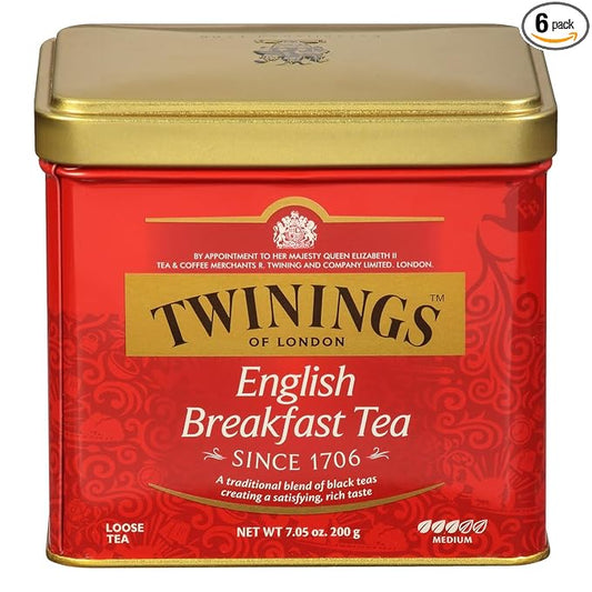 Twinings English Breakfast Loose Tea Tins, 7.05 Ounce Tins (Pack of 6), Smooth, Flavourful, Robust Black Tea Leaves, Caffeinated, Enjoy Hot or Iced