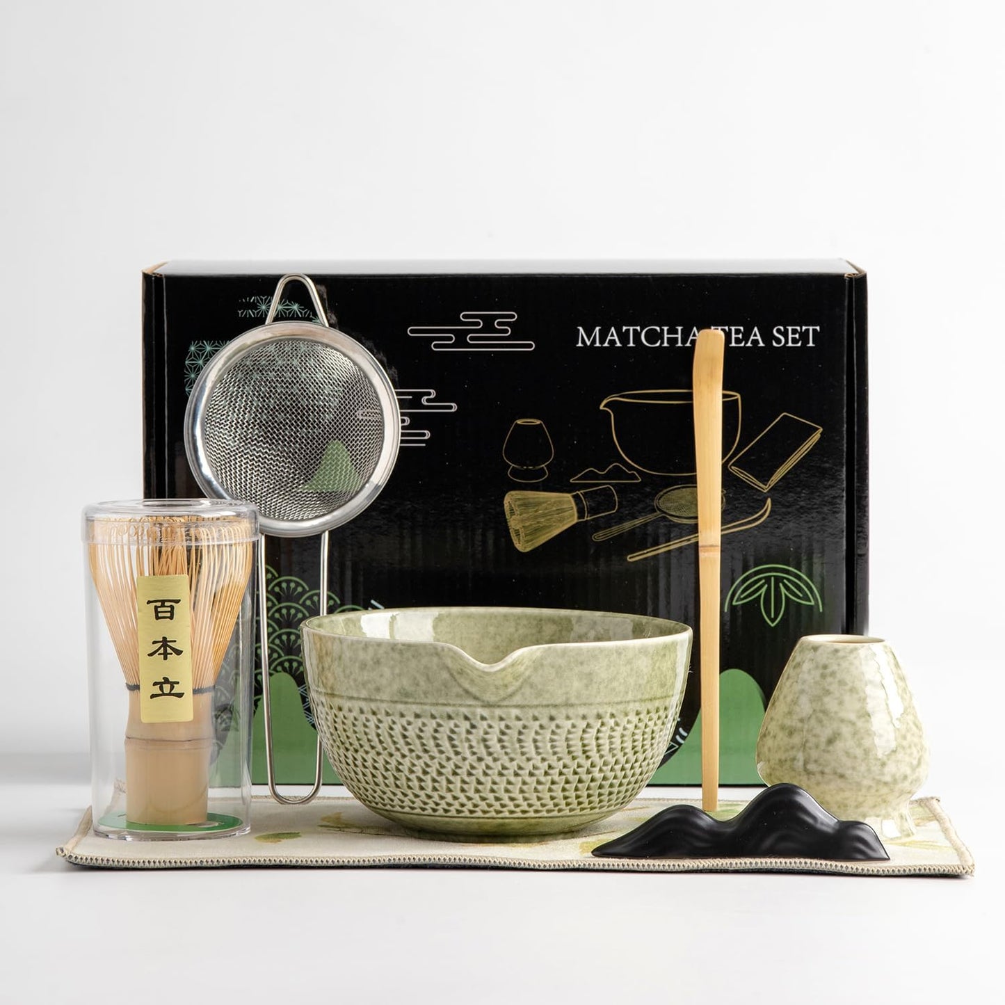 DWEHIXBUY matcha whisk set Ceremony Accessory, Matcha Whisk, Traditional Scoop (Chashaku), Tea Spoon, Whisk Holder, 1 tea bowl, 1 tea siev, 7pcs matcha set.matcha green matcha kit
