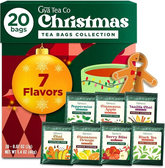 Gya Tea Co Christmas Assorted Tea Bags Variety Pack - 20 Bags 7 Seasonal Flavors - Caffeinated & Caffeine Free Holiday Tea Sampler Gift Set Box - Easy Brew, Natural Ingredients, Enjoy Hot or Iced