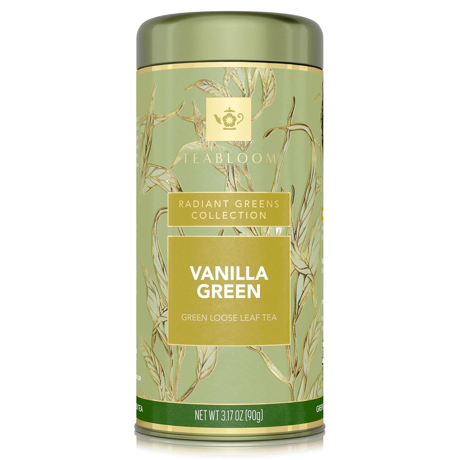 Teabloom Kosher Certified Vanilla Green Tea, Loose Leaf Tea Blend in Reusable Gift Canister, 3.17 oz/90 g Canister Makes 35-50 Cups