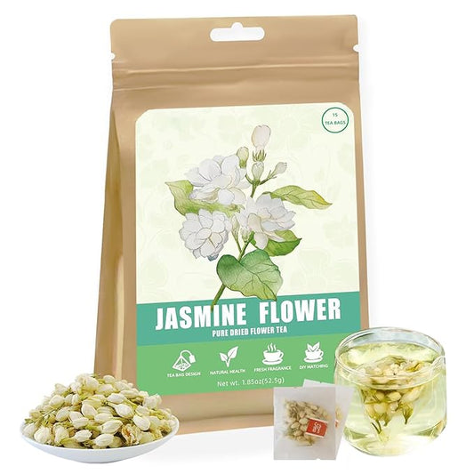 Dried Jasmine Flowers, Jasmine Tea Bags, 3.5g×15 Tea Bags, Edible Flowers, Caffeine-Free & Sugar-Free, Natural Whole Buds, Fragrant, Clean & Plump | Relaxe Body & Mind | Help Sleep | Freshen Breath | For Tea, Dessert, Crafts