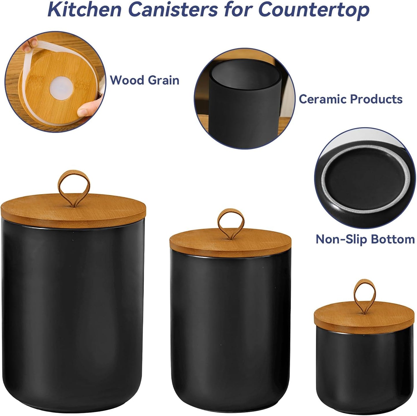 Ceramic Storage Jars, Modern Airtight Canisters with Wooden Lid (Black medium)