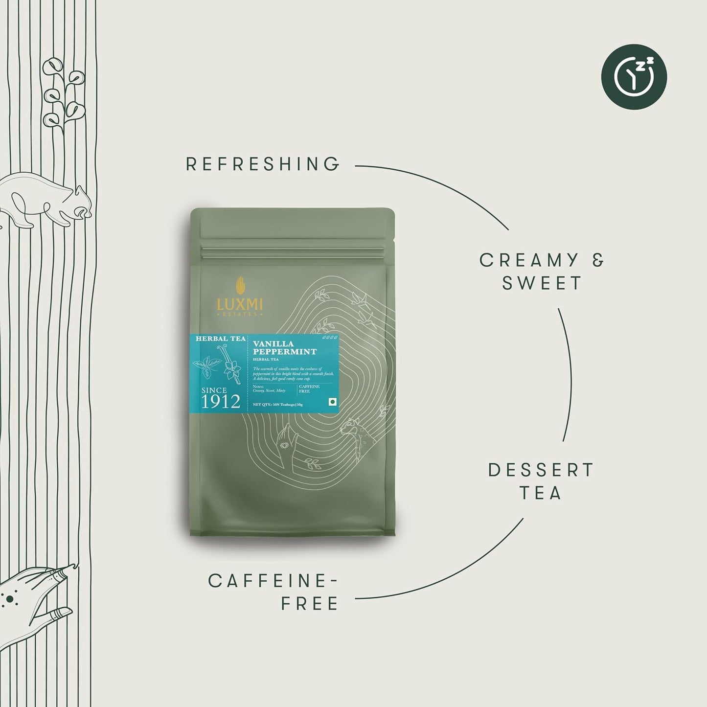 Luxmi Estates Vanilla Peppermint Herbal Tea, 50 Biodegradable Tea Bags (100g, 3.5oz, 50 Cups) | Caffeine-Free Two-Ingredient Blend with Real Peppermint Leaf &amp; Natural Vanilla | Soothing After-Dinner Bulk Pack, Vegan