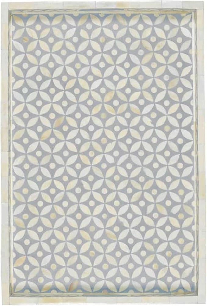 Handmade Resin Tray Bone Inlay Rectangle Serving Tray Floral Geometric Pattern Fancy and Decorative Serving Platter with Handle for Snacks, Tea