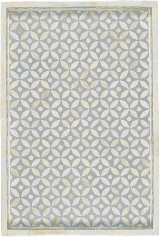 Handmade Resin Tray Bone Inlay Rectangle Serving Tray Floral Geometric Pattern Fancy and Decorative Serving Platter with Handle for Snacks, Tea, Coffee Table, Dining (Grey)