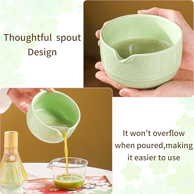 8-Piece Matcha Tea Set with Ceramic Bowls (Flower Pattern), Bamboo Whisk, Scoop, Spoon & Pink Sakura Gift Box – Traditional Japanese Matcha Whisking Kit for Tea Lovers (green)