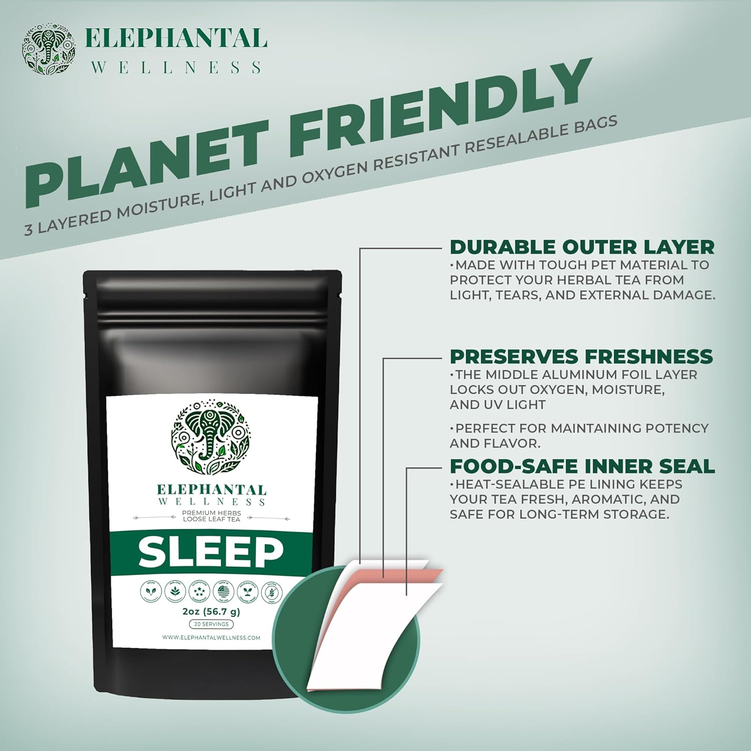 Elephantal Wellness Premium Sleep Herbal Tea | Deep Rest & Relaxation Support with Valerian Root, Passionflower, Chamomile, Lemon Balm Tea & Skullcap | Handmade, Caffeine-Free, Non-GMO Loose Leaf Blend, 2oz, 20 Servings
