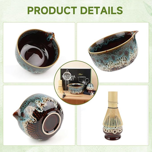 7-Pcs Matcha Whisk Set, Ceramic Matcha Set, Includes Matcha Bowl, Matcha Whisk, Chasen Holder, Bamboo Scoop, Scoop Rest, Stainless Sifter, Tea Towel