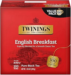 Twinings English Breakfast Black Tea Individually Wrapped Bags, 100 Count (Pack of 1), Smooth, Flavourful, and Robust, Caffeinated, Enjoy Hot or Iced, 100 Teabags