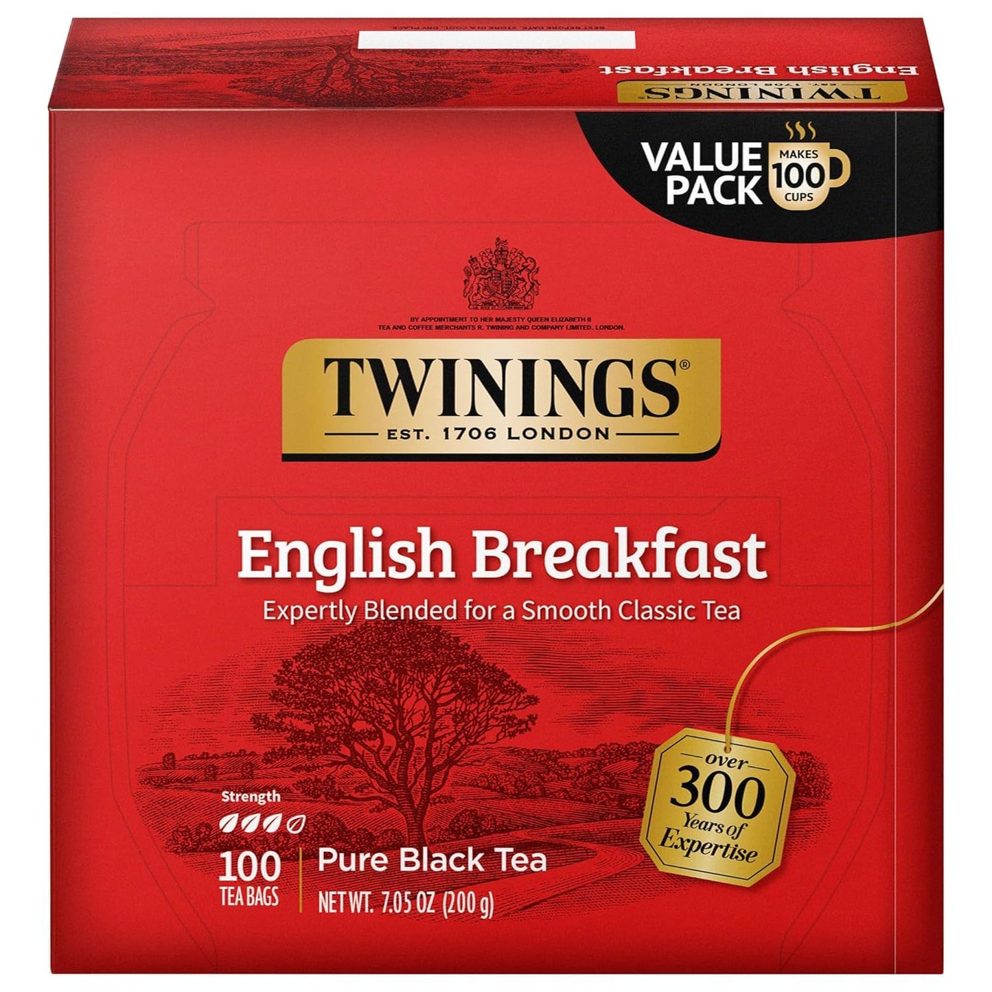 Twinings English Breakfast Black Tea Individually Wrapped Bags, 100 Count, Smooth, Flavourful, and Robust, Caffeinated, Enjoy Hot or Iced, 100 Teabags