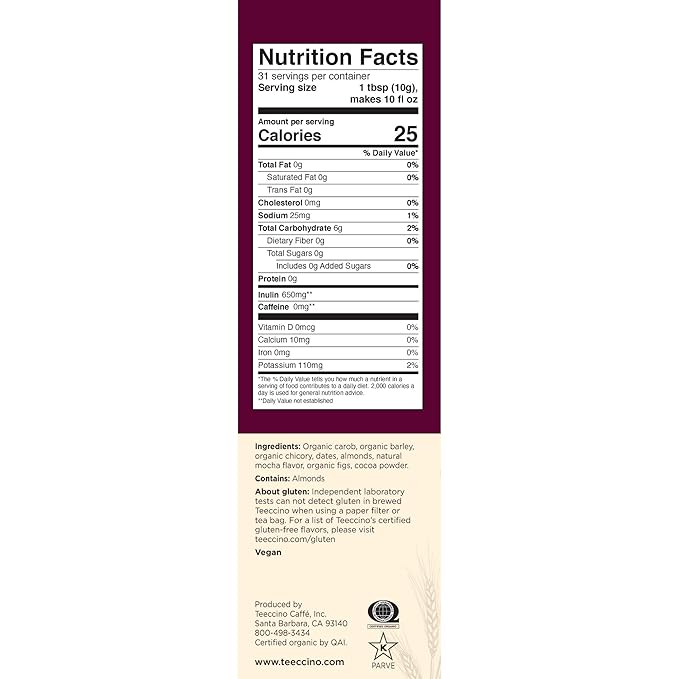 Teeccino Mocha Chicory Coffee Alternative - 11 Ounce - Ground Herbal Coffee That’s Prebiotic, Caffeine-Free & Acid Free, Medium Roast
