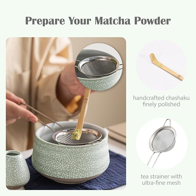 Matcha Whisk Kit Set with Matcha Bowl, Matcha Bamboo Whisk, Scoop, Sifter, Whisk Holder Tea Accessories Gift for Tea Lovers(Celadon)