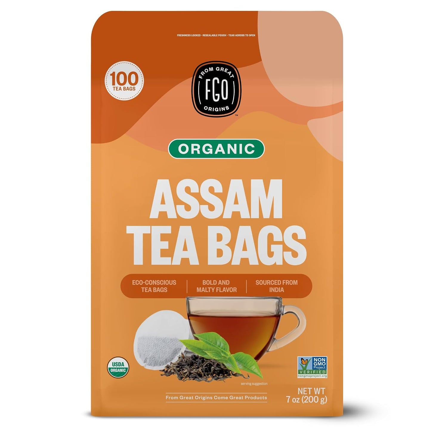 FGO Organic Assam Tea, 100 Count, Eco-Conscious Black Tea Bags, Resealable Bag
