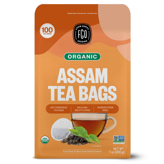 FGO Organic Assam Tea, 100 Count, Eco-Conscious Black Tea Bags, Resealable Bag