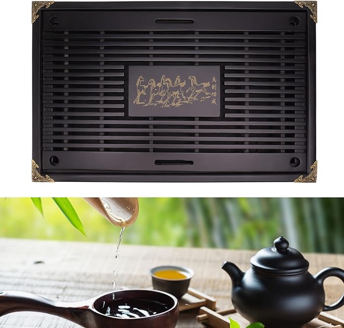 Chinese Tea Tray Drawer Type Wooden Drainage Water Storage Gongfu Tea Table Set for Home (Black)