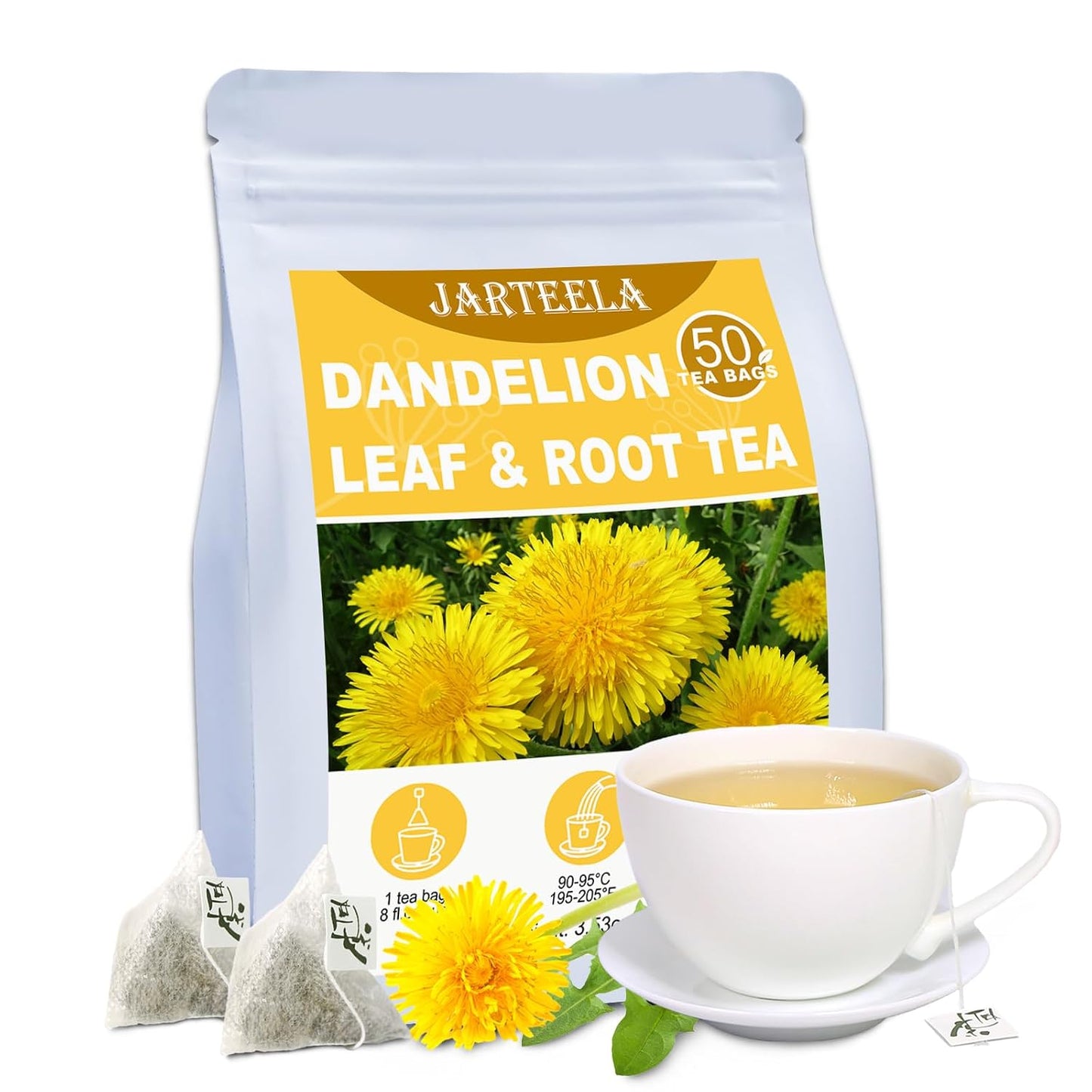 Jarteela - Dandelion Leaf &amp; Root Tea Bags, 50 Count, Dried Dandelion Herb | Premium pure dandelion leaf &amp; root herbal tea, non-GMO &amp; caffeine-free, mild earthy taste for daily brewing