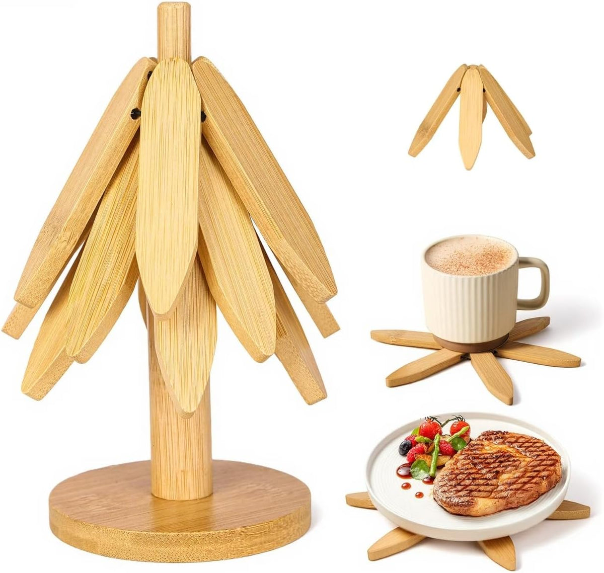 DecBeLiv Foldable Tree Trivet Wooden Hot Plate Holder, Bamboo Trivet for Hot Dishes, Heat-Resistant Pot Holder Tree for BBQ, Picnic, Outdoor Dining &amp; Kitchen Decor