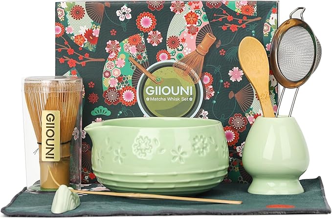 Matcha Whisk Set, Ceramic Bowl with Spout, Bamboo Matcha Whisk & Spoon, Chasen Holder, Scoop Rest, S