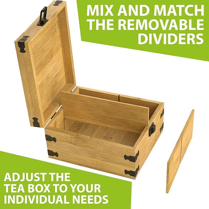Bamboo Tea Organizer Box Chemical Free Eco-Friendly Big, Tall, Adjustable Cubbies Natural Wooden Storage Chest (4-Slot Square 7.4" x 8.1" x 4.2" with Tea Leaf Design)
