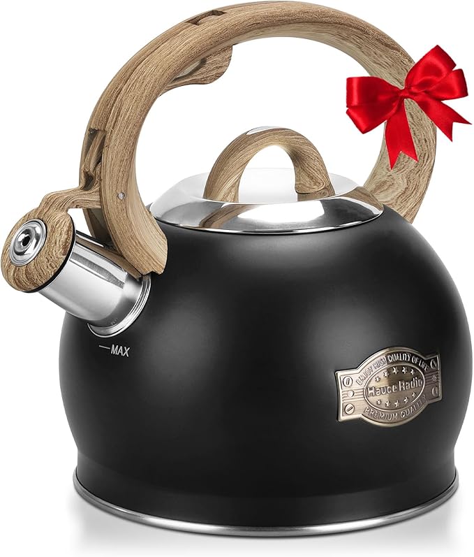 Tea Kettle Stovetop, Black Tea Kettles-2.1 Quart Loud Whistle Stovetop Teapot,Food Grade Stainless Steel with Wood Pattern Handle
