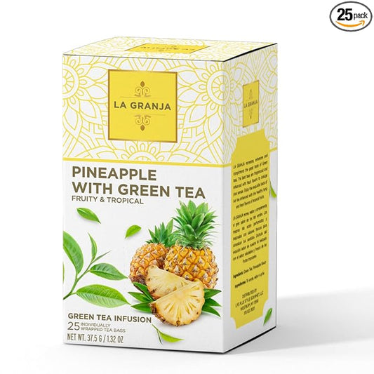 Life Plus Style Gourmet La Granja Pinapple Green Tea Premium Unsweetened Naturally Caffeinated Hot or Iced No Sugar Tropical Pineapple Fruity Gift Green Tea Flavored Individually Wrapped 25 Tea Bags