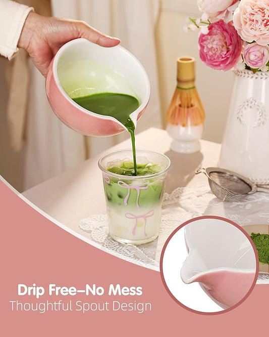 ZENS Pink Matcha Set, 6pcs Matcha Kit Includes Ceramic Bowl, Handcrafted Bamboo Whisk and Chasen Holder, Scoop, 304 Sifter & Tea Mat, Matcha Whisk Set Gift for Matcha Lovers