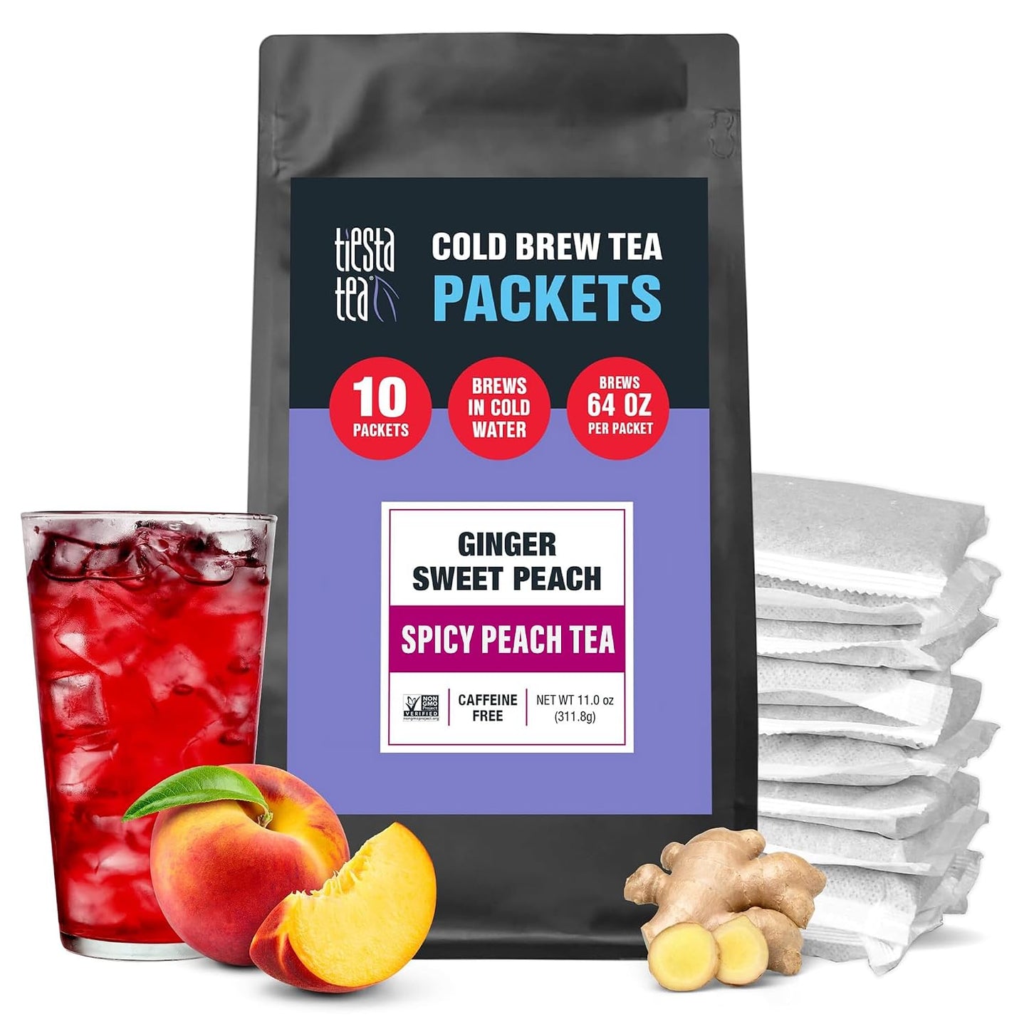 Tiesta Tea - Ginger Sweet Peach Cold Brew Tea, Loose Leaf | Spicy Peach Herbal Blend, Premium Non-Caffeinated Iced Blend, Cold Brew Packets, Makes 64 oz of Pitcher Per Bag (Pack of 10)