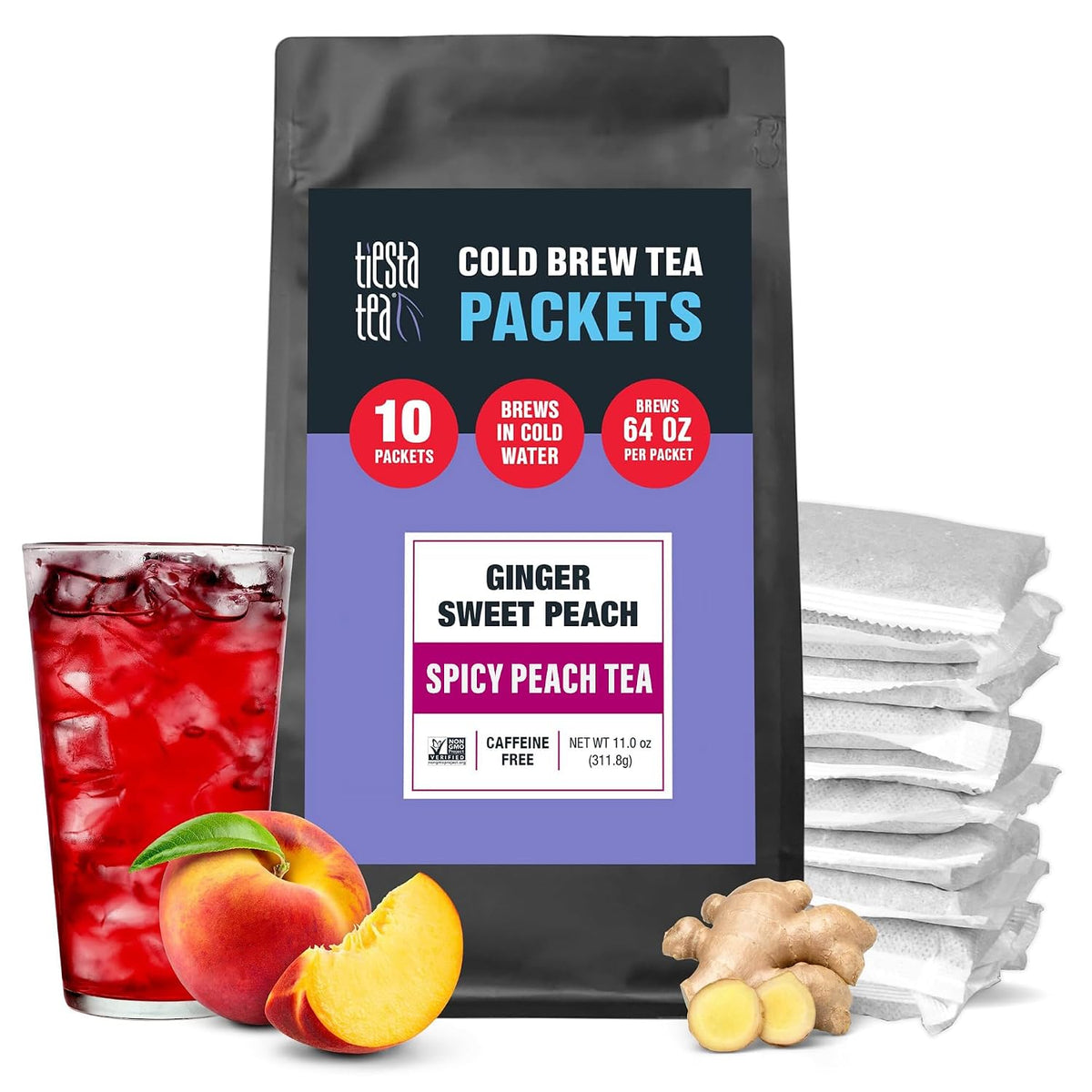 Tiesta Tea Ginger Sweet Peach Cold Brew Tea Spicy Herbal Packets 10 Count