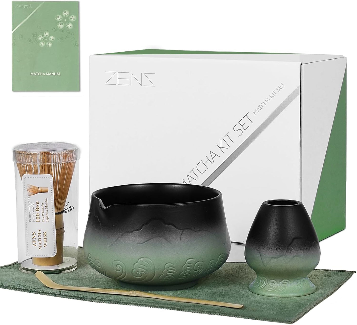 ZENS Premium Matcha Whisk Set, 5pcs Matcha Kit with Matcha Tools, Green | Matcha Kit Icludes Matte Ceramic Bowl, Bamboo Whisk, Chasen Holder, Scoop, 304 Sifter and Tea Mat, Matcha Lovers Gifts