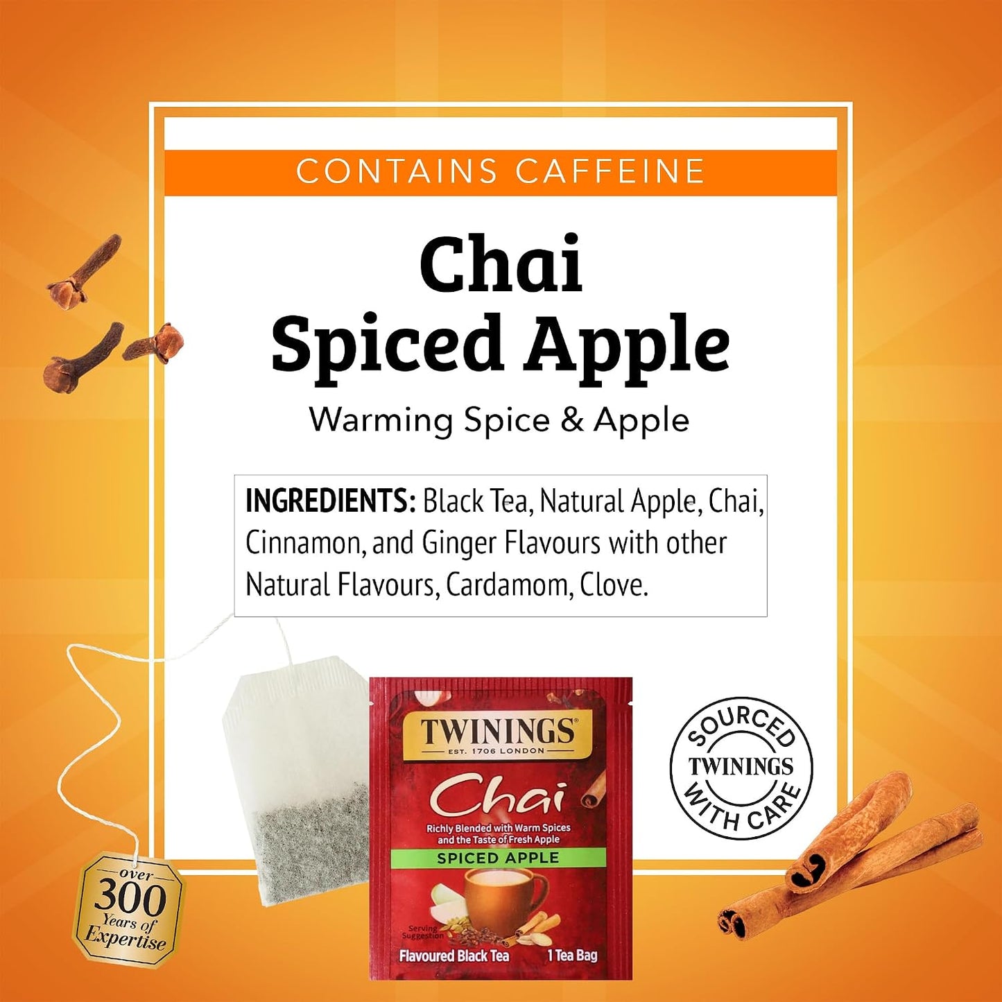 Twinings Spiced Apple Chai Black Tea Bags, 20 CT Box (6 Pack) | Fresh Apple Taste With Cinnamon, Ginger, Cardamom, Clove, Naturally Caffeinated, 120 Foil Lined Individually Wrapped Bags