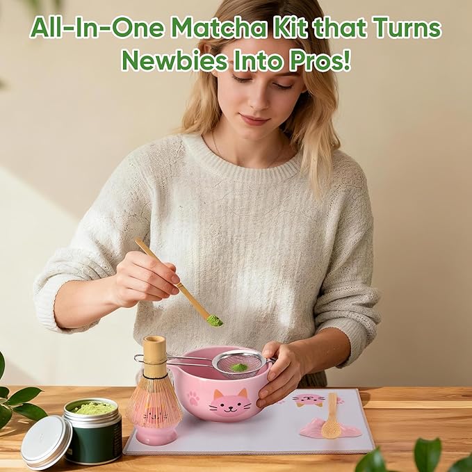Matcha Whisk Set, 8Pcs Matcha Set for Ceremony, Matcha Whisk and Ceramic Bowl with Matcha Scoop & Sifter and All Accessories for Breakfast
