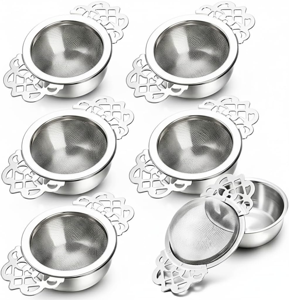 Mezchi 6 Pack Mesh Tea Filter Strainers, 304 Stainless Metal Tea Infuser, Tea Steeper with Handle and Drip Bowl for Loose
