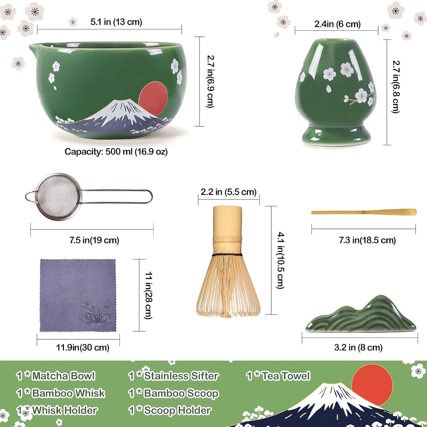 DUJUST Japanese Matcha Whisk Set, Unique Design of Mount Fuji, Sakura &amp; Dawn, Cute Ceramic Matcha Set, One of A Kind Gift for Matcha Lovers - 7 pcs of Japanese Serenity