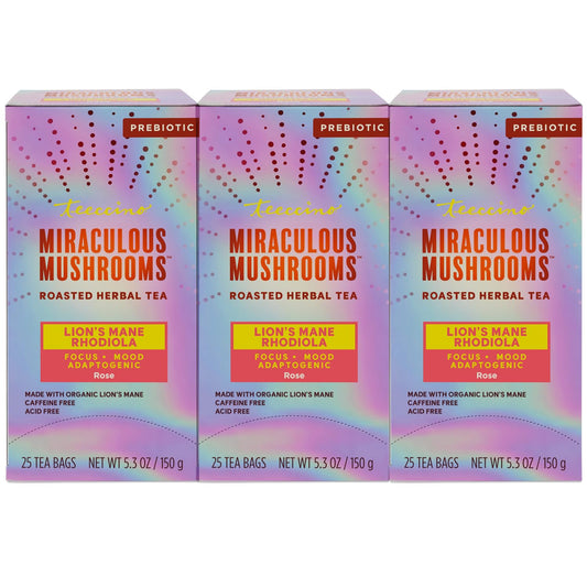 Teeccino Lion’s Mane Rhodiola Tea - Rose - 25 TeaBags Caffeine-Free Mushroom Adaptogenic Herbal Tea