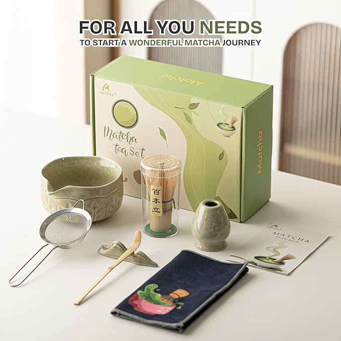 Matcha Whisk Set Black, 8 Pcs Matcha Set with Bowl (Chawan)/Whisk/Holder & Accessories, Matcha Kit for Ceremony, Traditional Tea Set for Making Latte