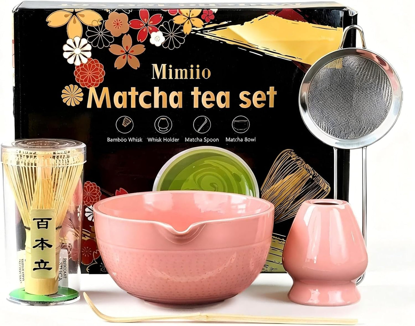 Mimiio Pink Matcha Whisk Set, 5 Pcs - Pink, Ceramic &amp; Bamboo, Japanese Traditional Matcha, Includes Bowl, Whisk, Holder, Sifter, Scoop