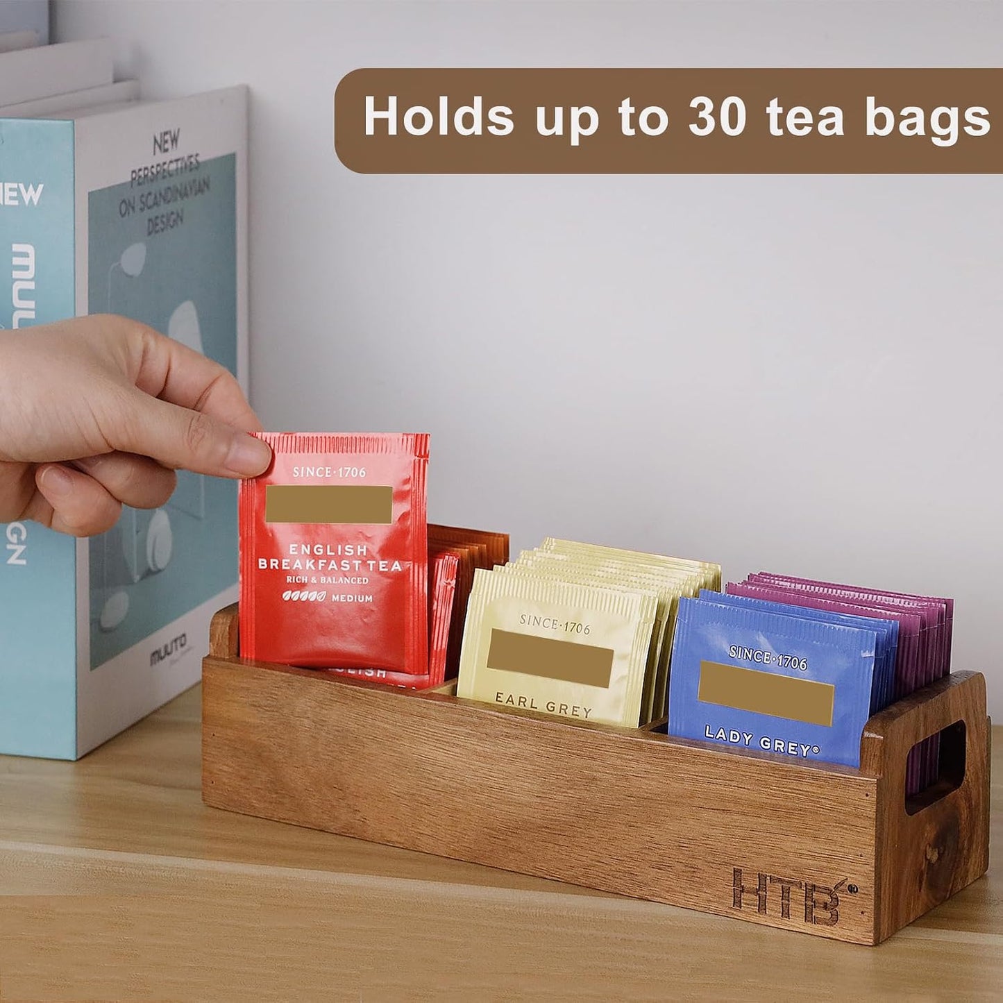 HTB 2 Pack Acacia Wood Small Tea Bag Box with 3 Compartments for Counter | Tea Bag Chest with Handle, Mini Countertop Divided Storage Container for Beverage Supplies, Sugar, Sweeteners